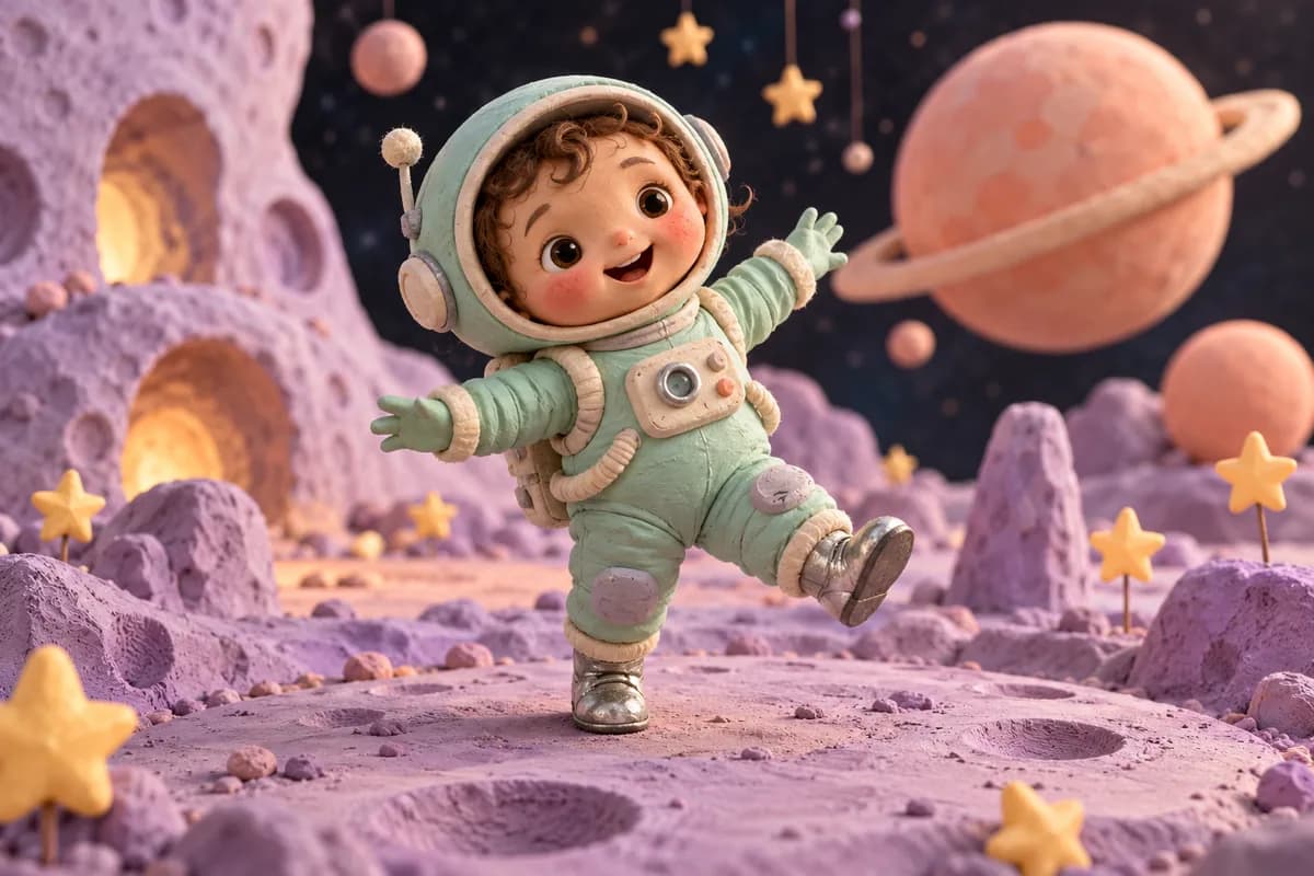 Original clay baby astronaut in a mint spacesuit dancing on a lilac miniature moon stage