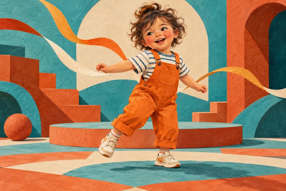 Original cut-paper illustration of a toddler in orange overalls stepping across a colorful playground stage