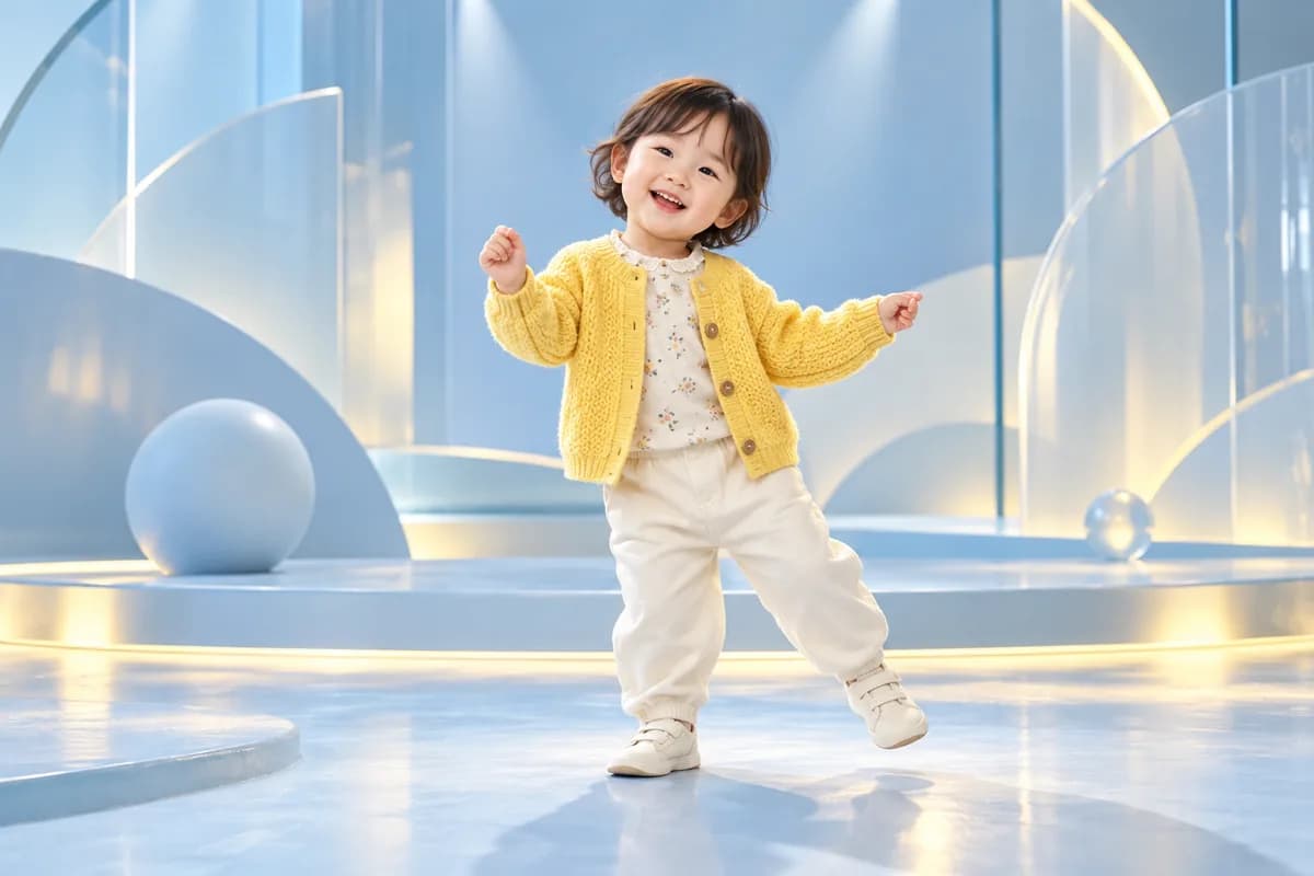 Toddler in a yellow cardigan shown full body on an airy blue stage with sculptural panels