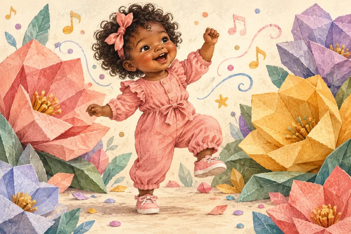 Watercolor baby character in a rose romper dancing among oversized handmade paper flowers