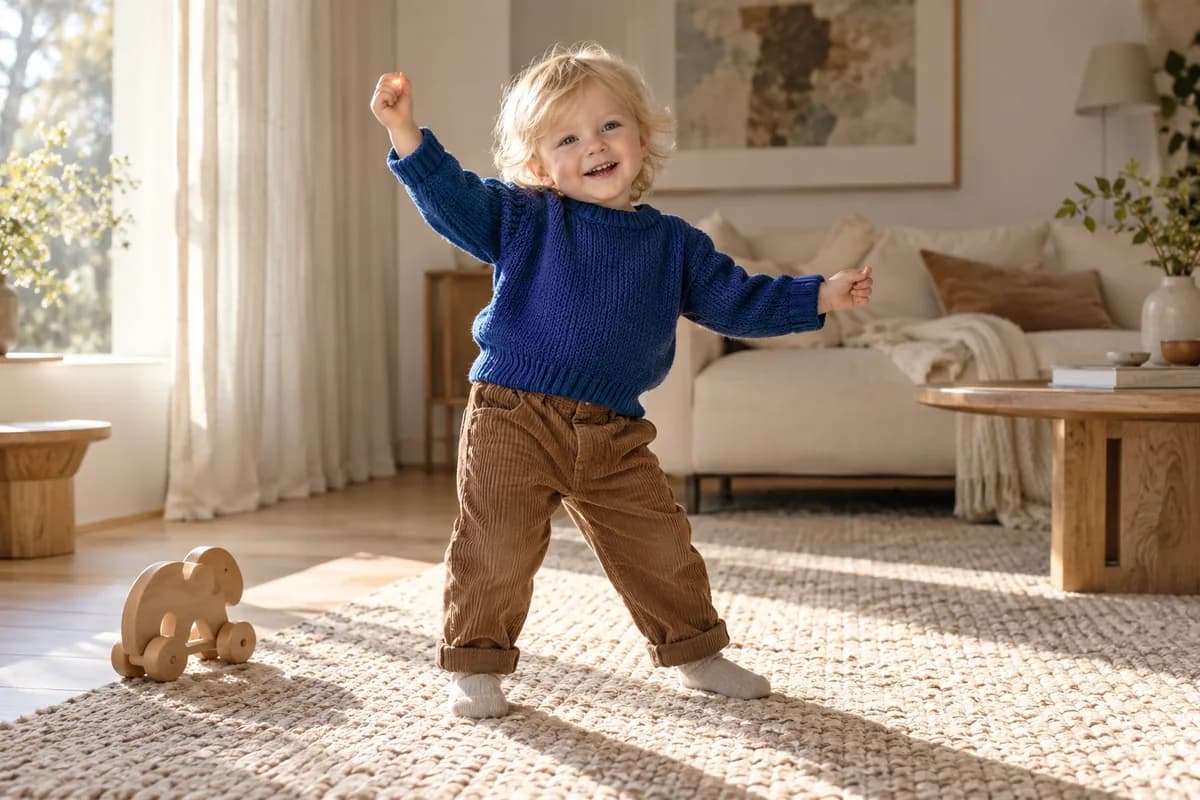 Blond toddler in a cobalt knitted sweater making a playful dance pose in a sunlit living room