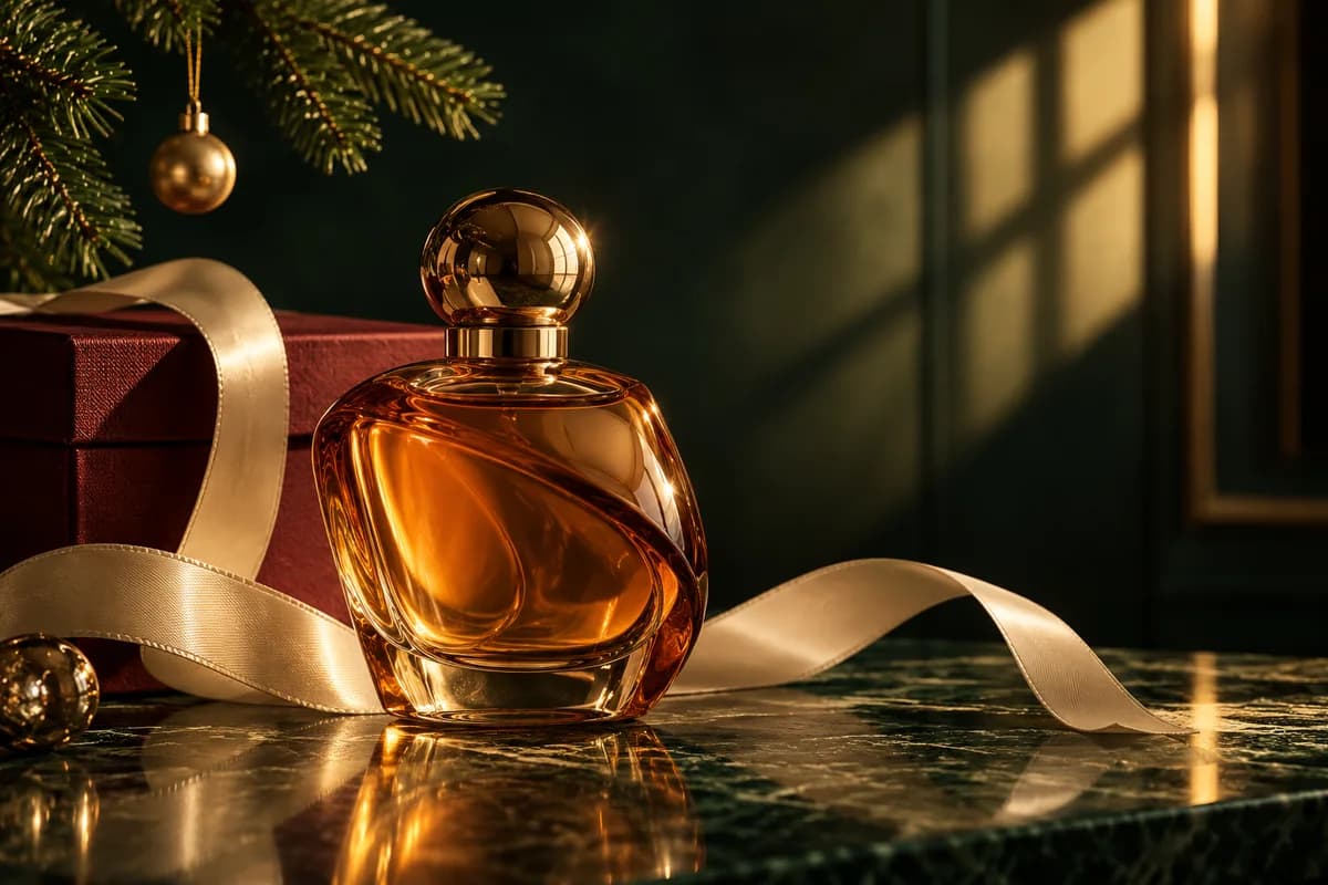 An amber fragrance bottle with a burgundy Christmas gift box, ivory silk ribbon, and fir branches