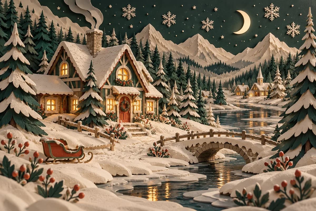 An intricate layered paper Christmas village with glowing cottage windows, fir trees, a sleigh, and a crescent moon