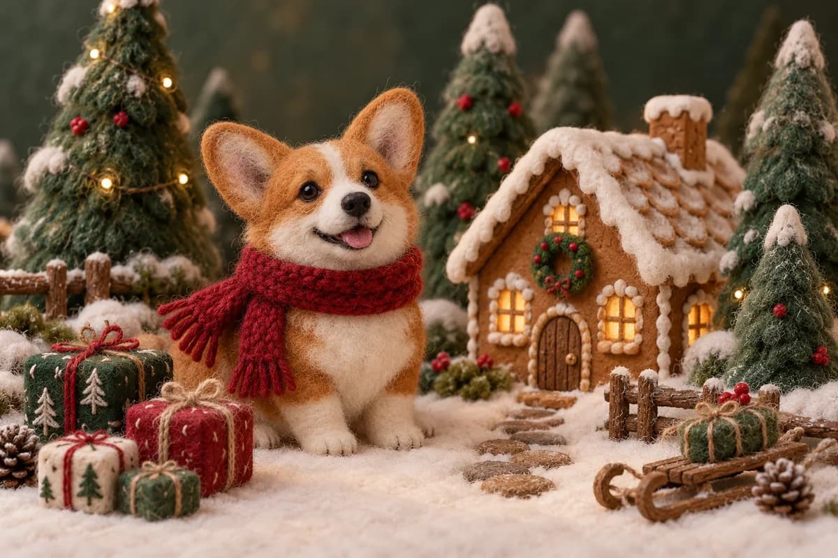 A handmade felt corgi in a red scarf beside a miniature gingerbread house and wool Christmas trees