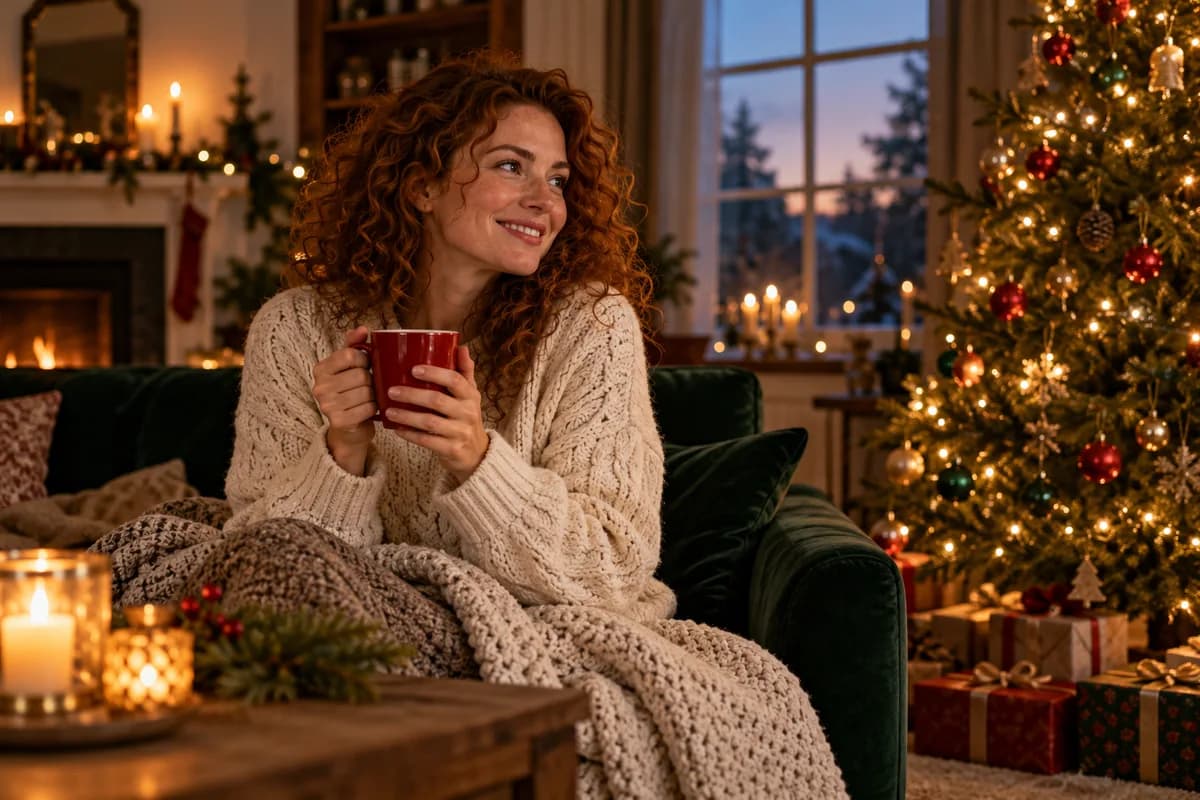An auburn-haired woman in a cream sweater holding a red mug beside a warmly lit Christmas tree