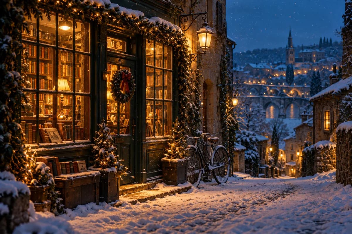 Snow falling around an amber-lit bookshop and vintage bicycle on a blue winter evening
