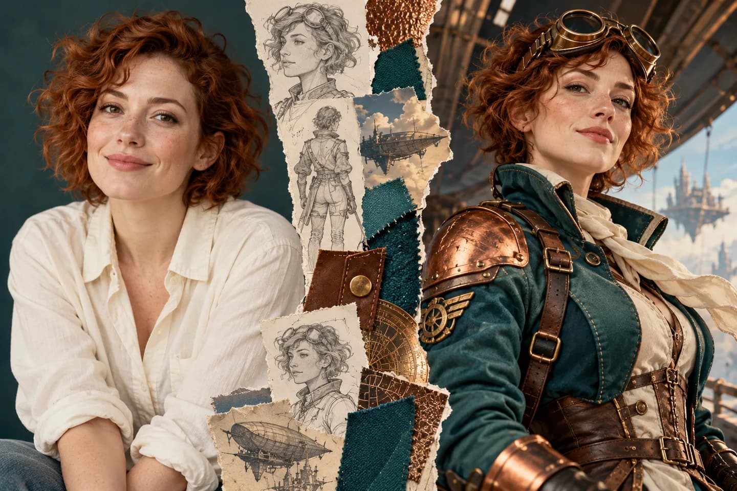 Editorial collage of an auburn-haired woman and her original teal and copper sky-pilot costume concept