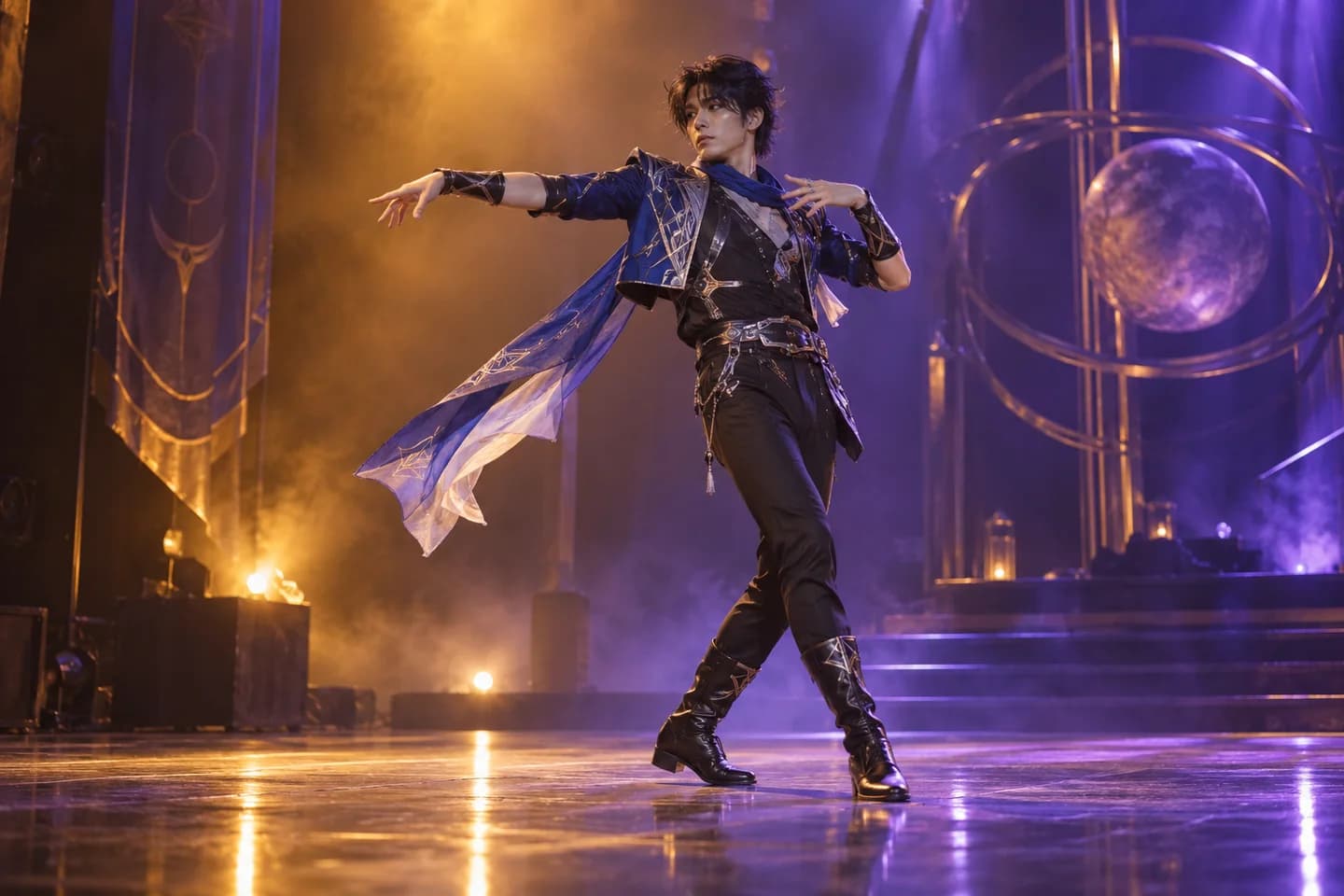 Original science-fiction cosplayer performing a full-body dance under amber and violet stage lights