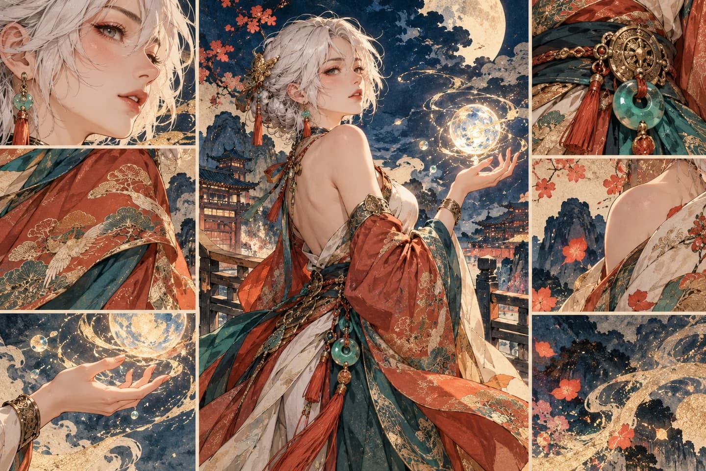 Cel-shaded white-haired fantasy mage framed by watercolor costume details and glowing magical particles
