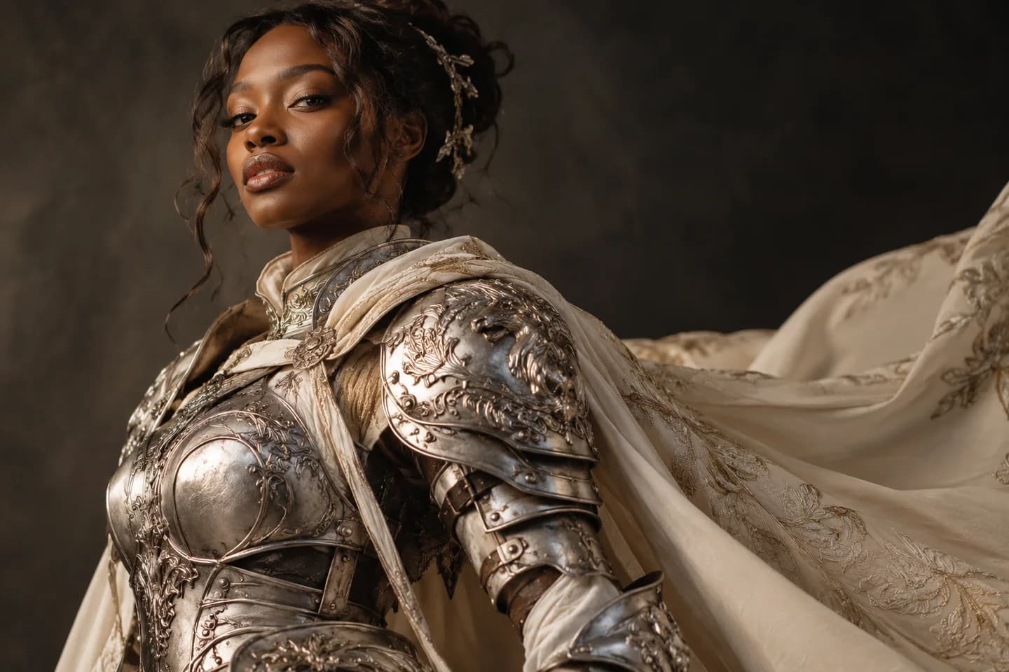 Original silver-armored knight with an embroidered ivory cape in warm studio lighting