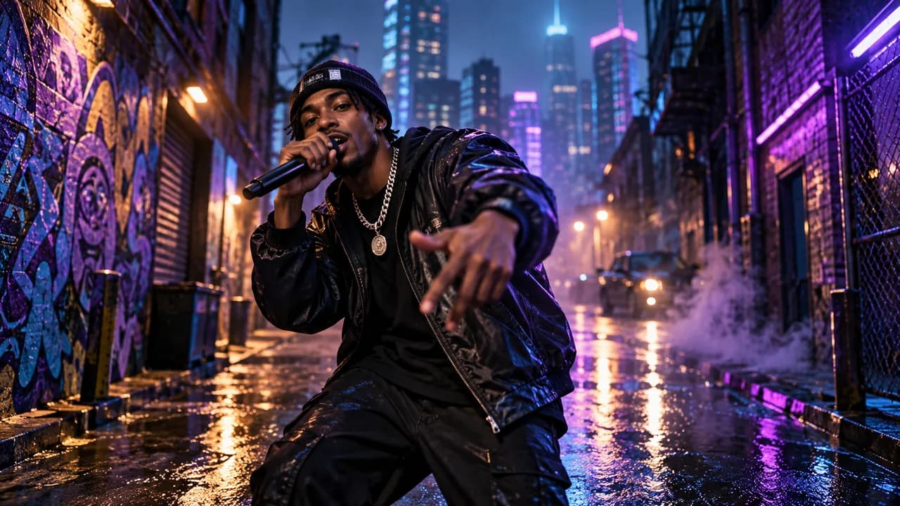 Rapper performing in a cinematic neon street scene