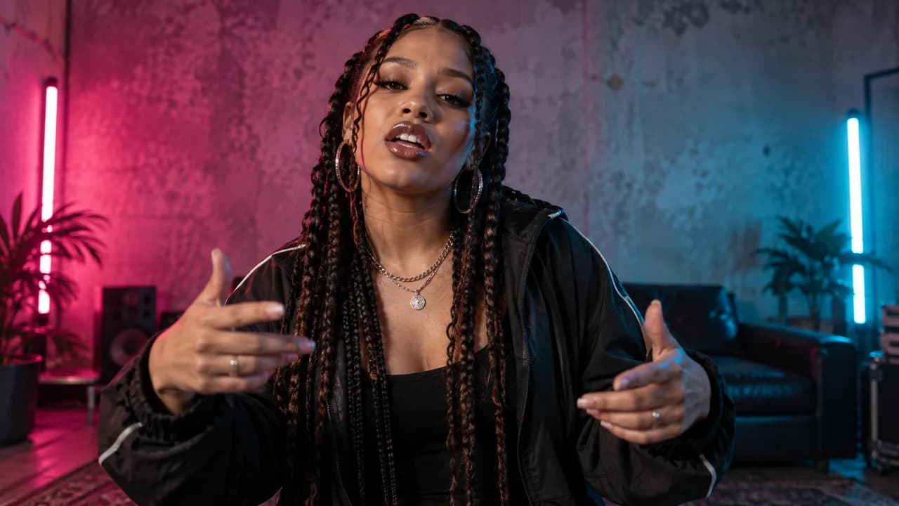 Editorial portrait of a rapper performing to camera
