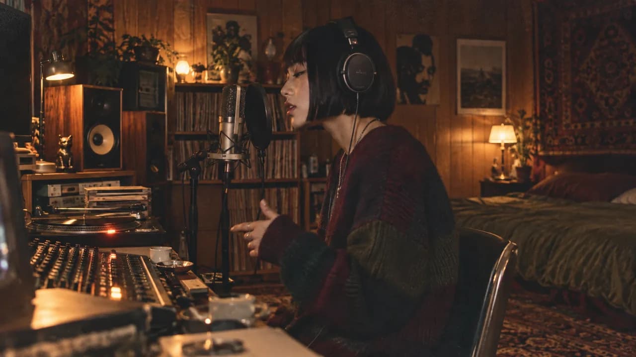 Artist recording a freestyle in a warm vintage studio