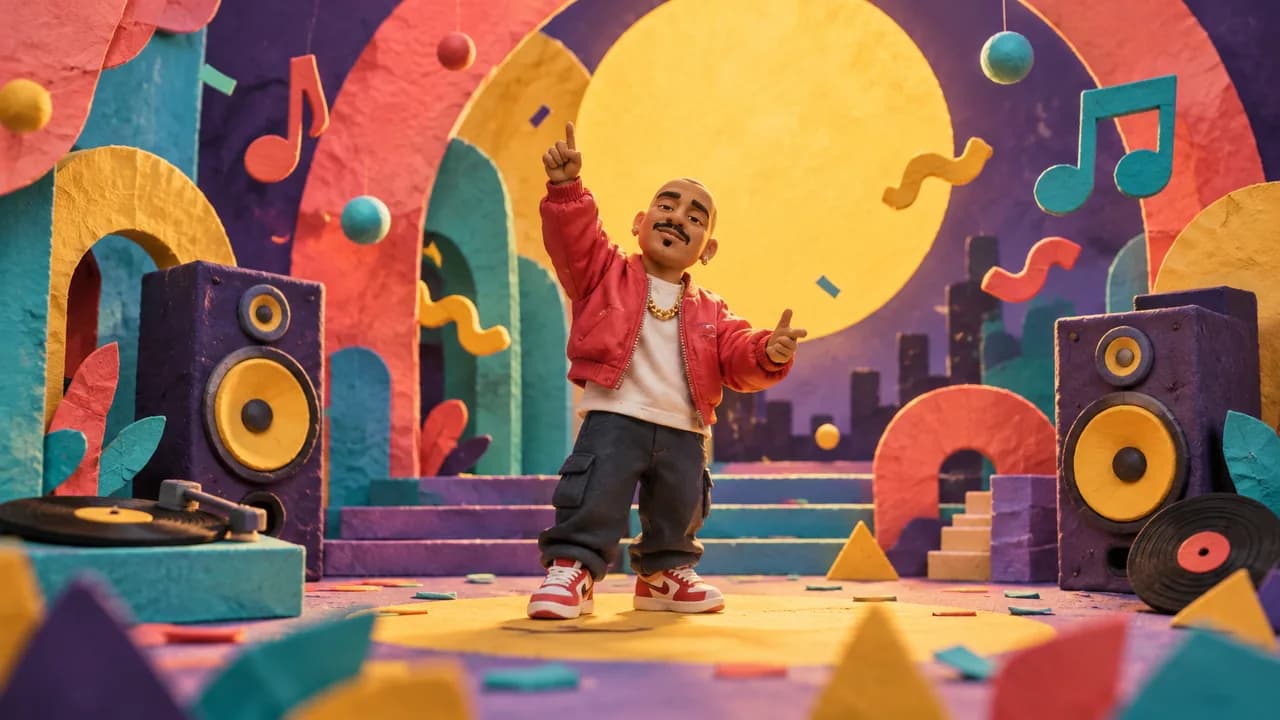 Colorful clay-style rapper in a playful music release scene