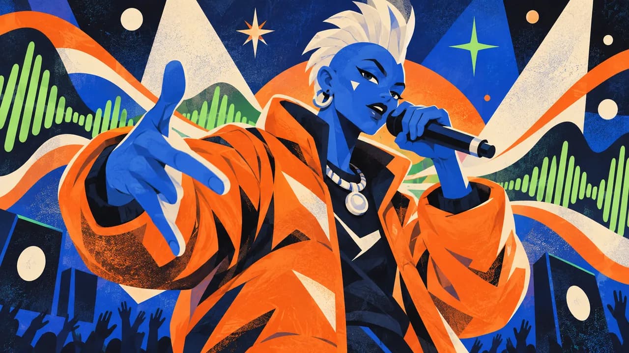 Bold illustrated virtual rapper performing on an abstract stage