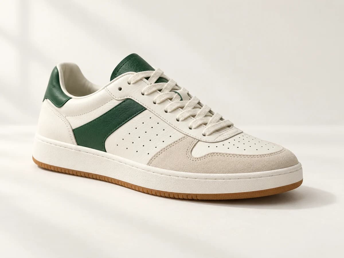 Cream and forest-green retro sneaker in a minimal ivory studio