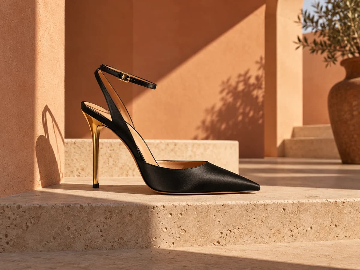Black satin slingback heel on cream travertine in peach architectural light
