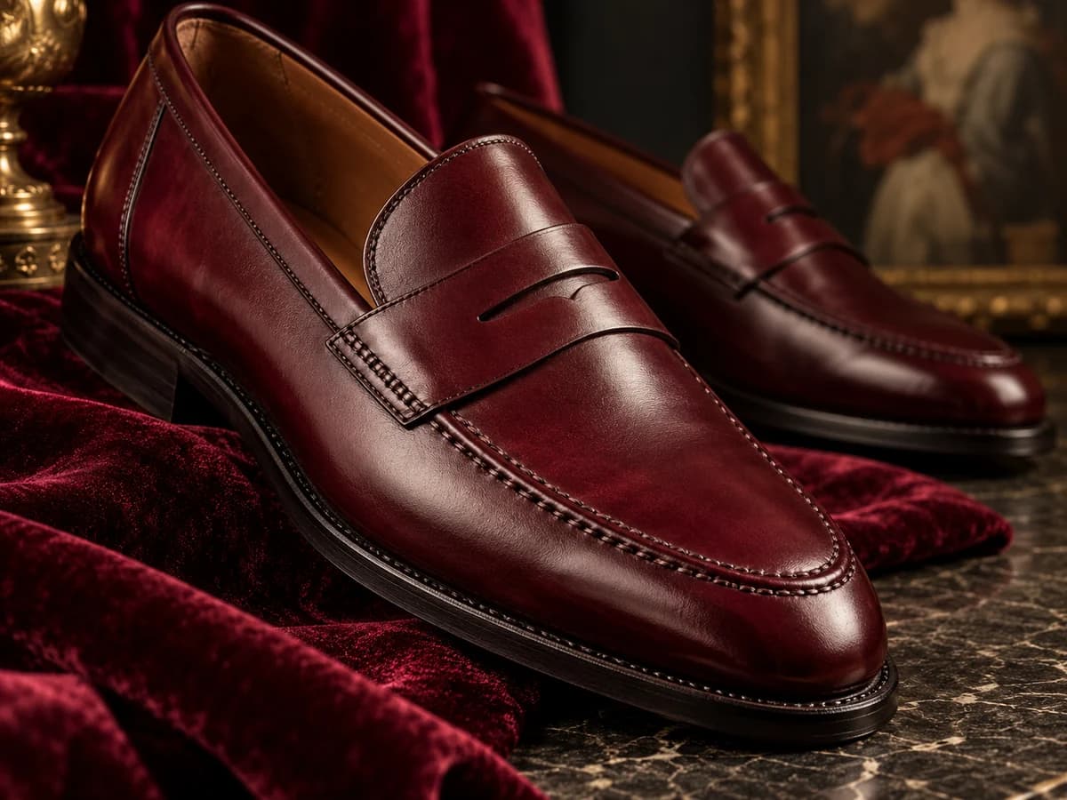 Burgundy leather penny loafer photographed close-up with warm light and velvet