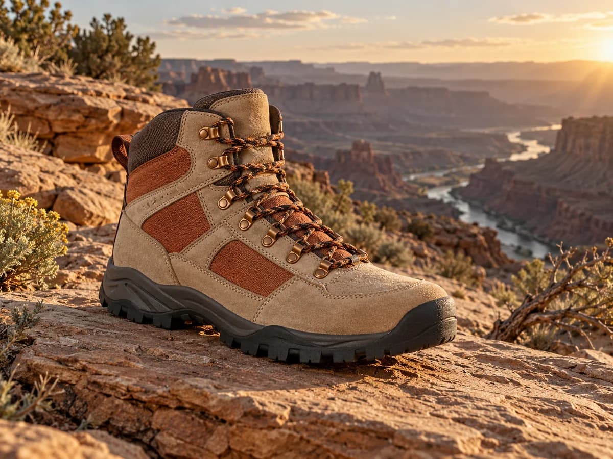 Tan and rust hiking boot on sunlit sandstone with a desert canyon backdrop