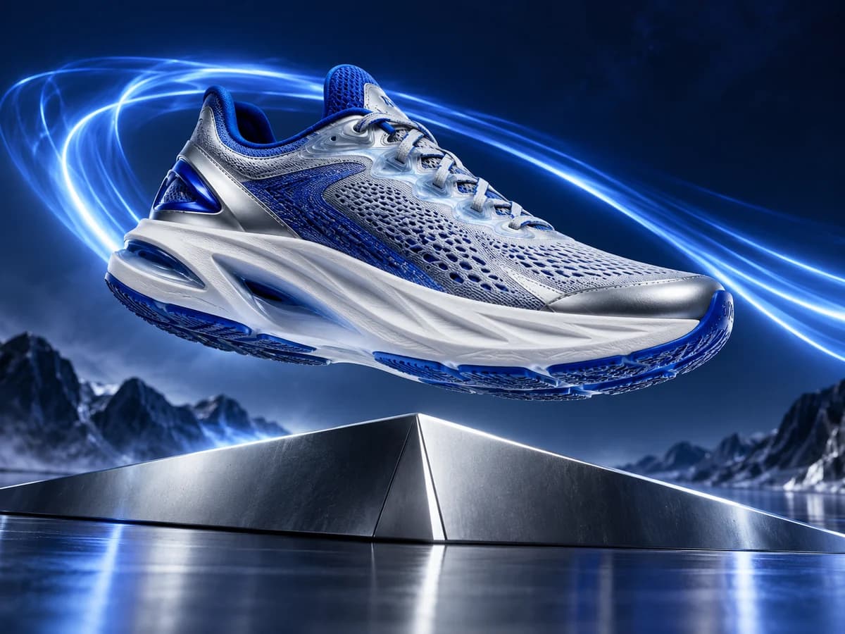 Silver and cobalt running shoe above an aluminum pedestal with electric blue light ribbons