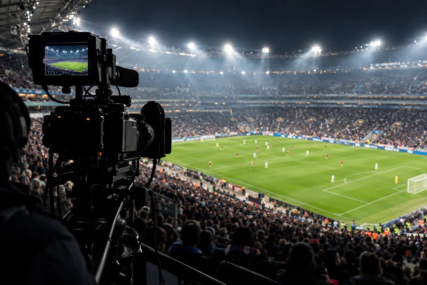 Professional television camera overlooking an illuminated football stadium through atmospheric evening haze
