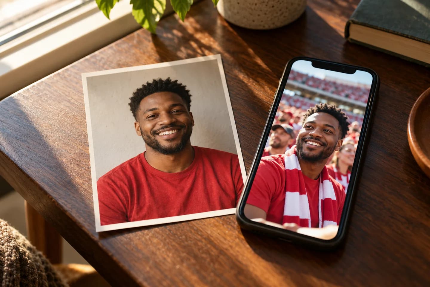 Conceptual portrait-to-stadium transformation shown on a printed photo and phone in warm window light