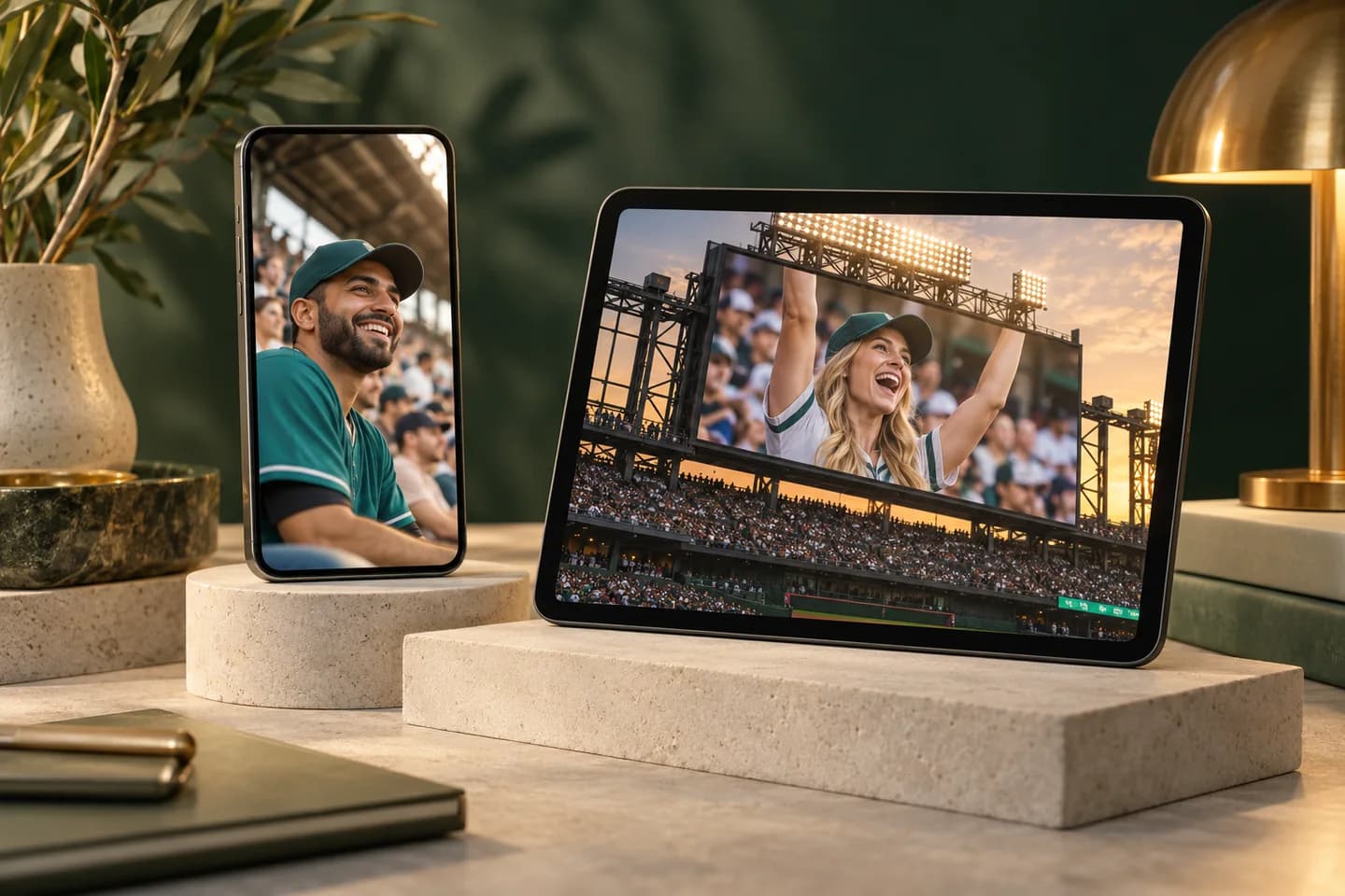 Portrait phone and horizontal tablet displaying different fan-cam compositions on a sculptural green studio set