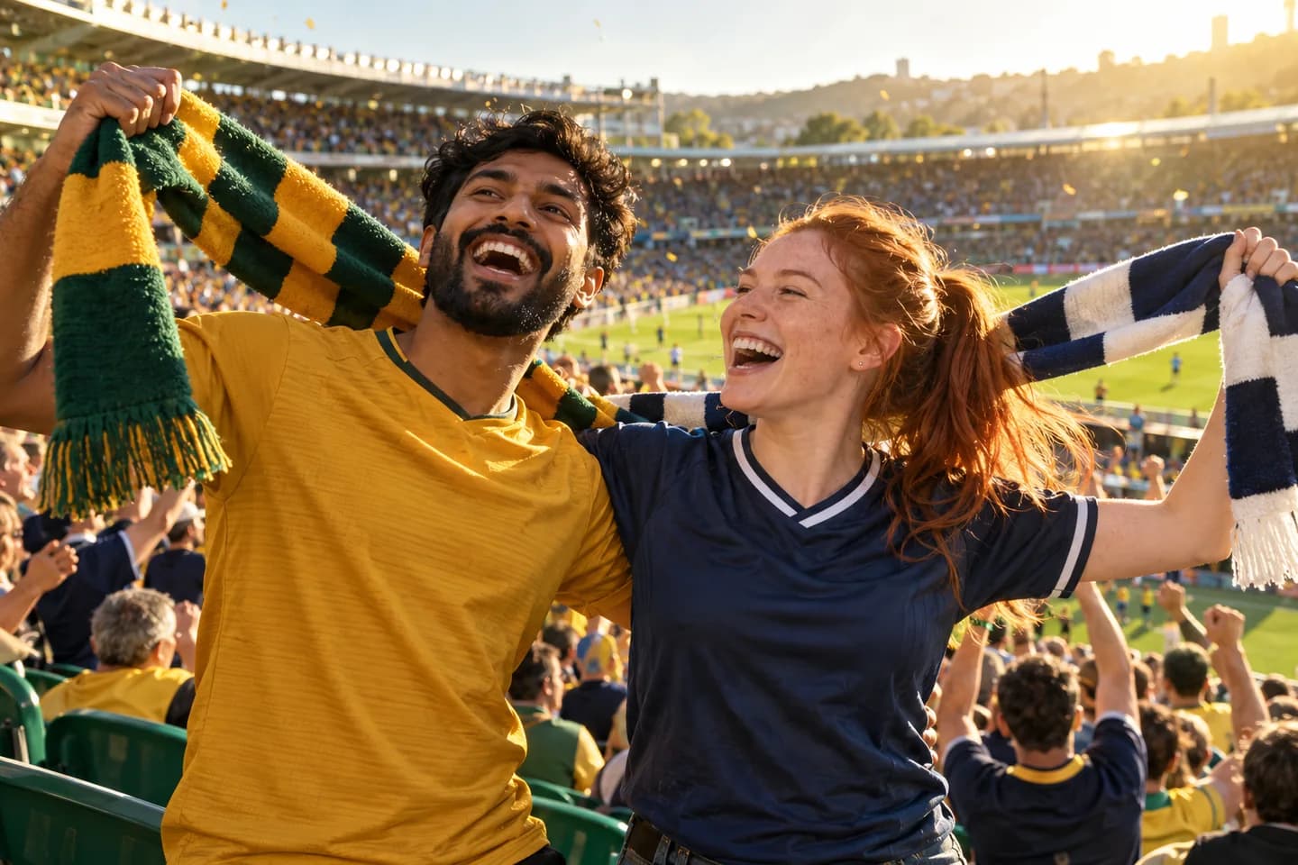Two friends in contrasting jerseys celebrating together in golden afternoon light at a football match