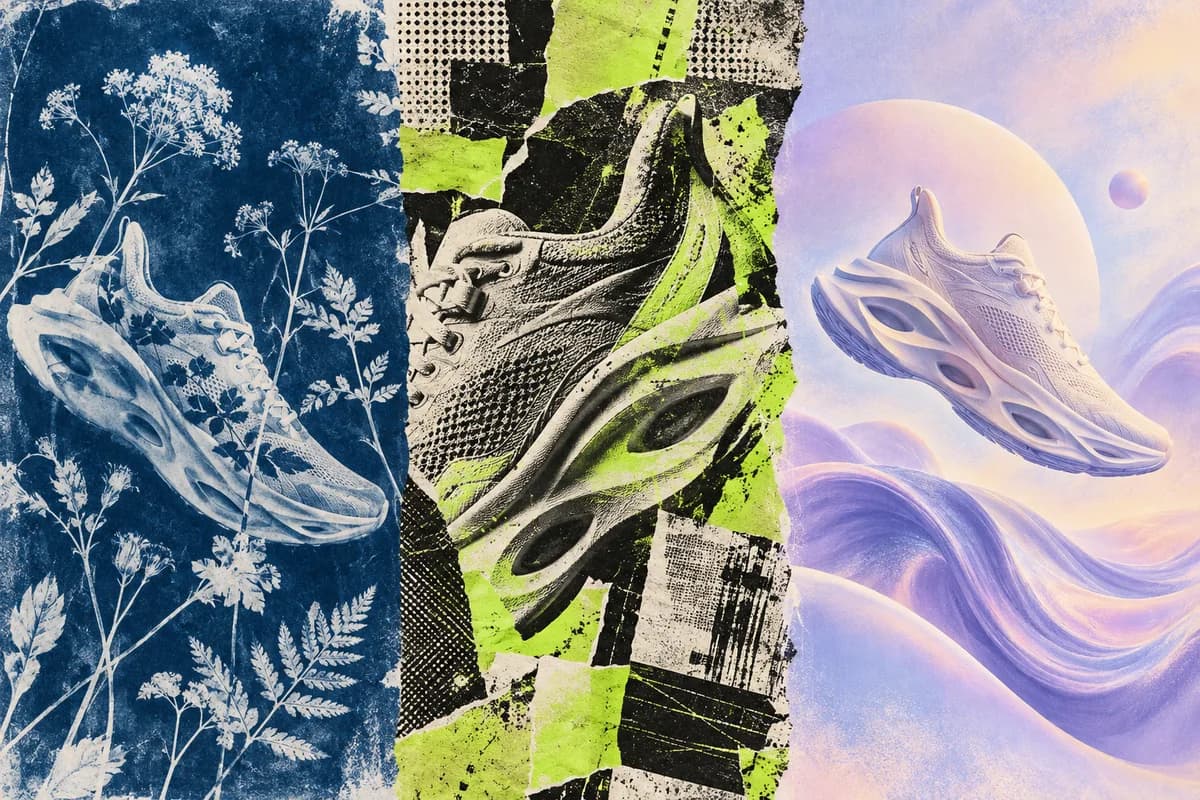One shoe concept explored through cyanotype, punk paper collage and pastel airbrush art
