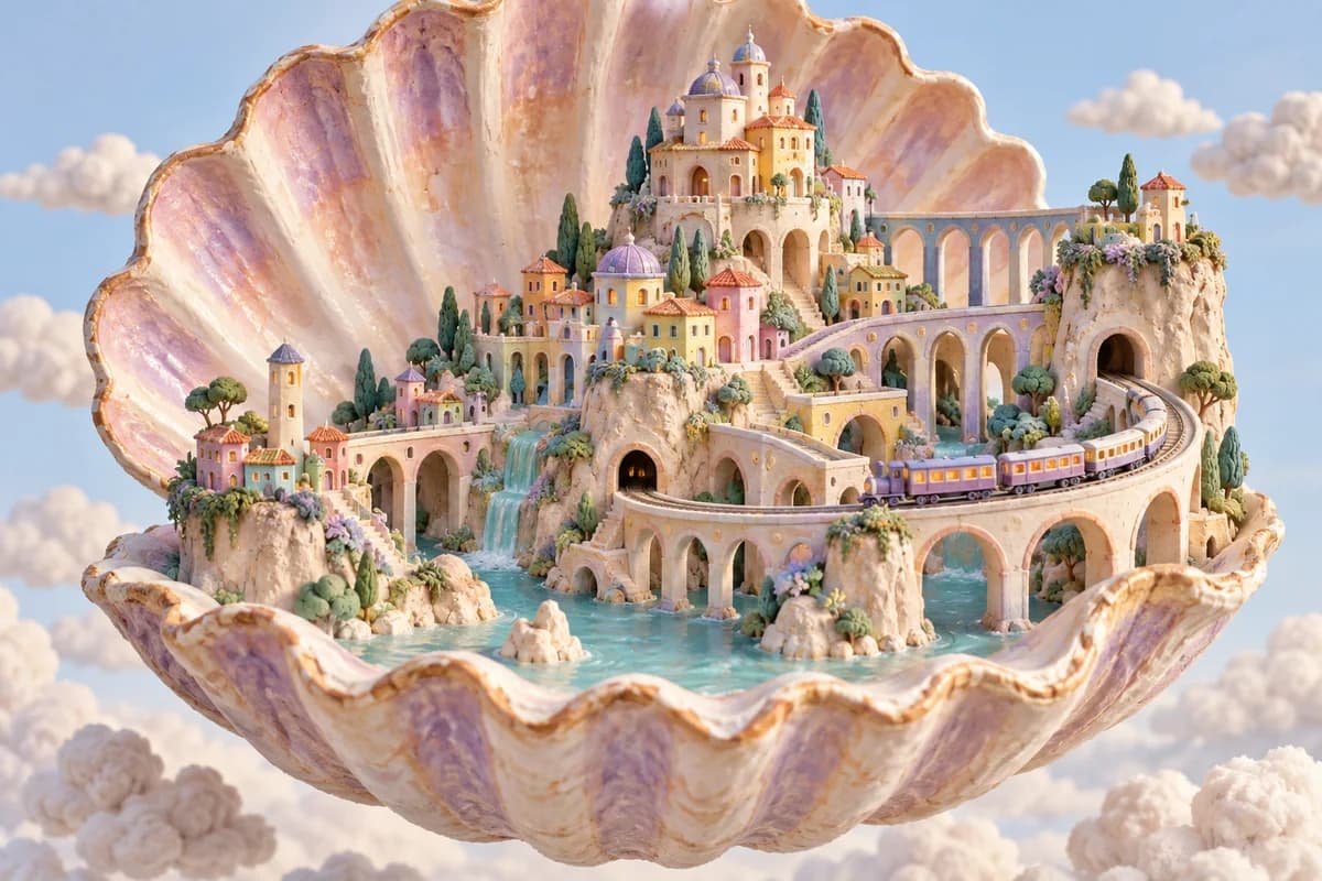 Handmade ceramic miniature city and tiny train nestled inside a seashell