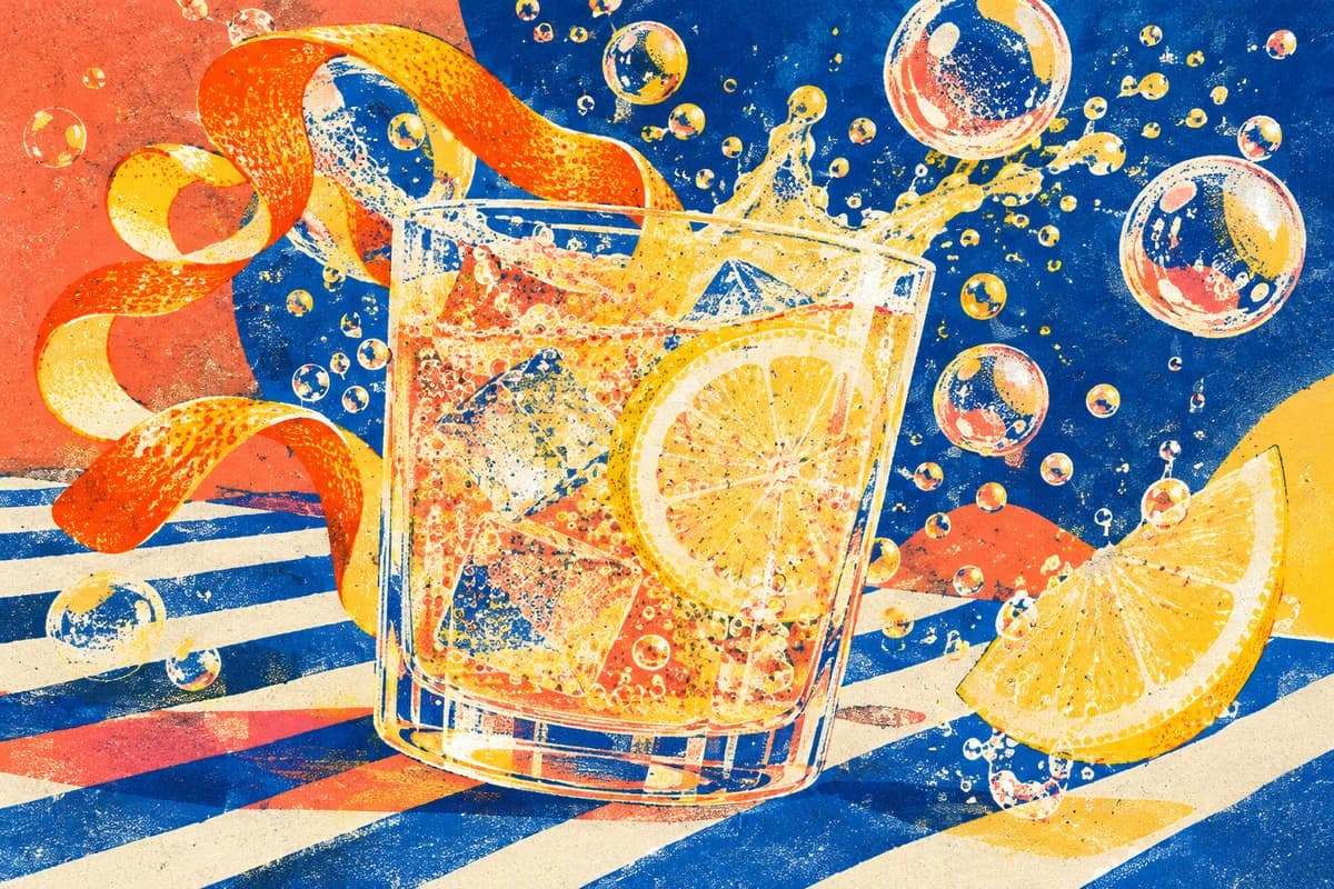 Risograph citrus soda illustration with floating bubbles and a curling orange peel