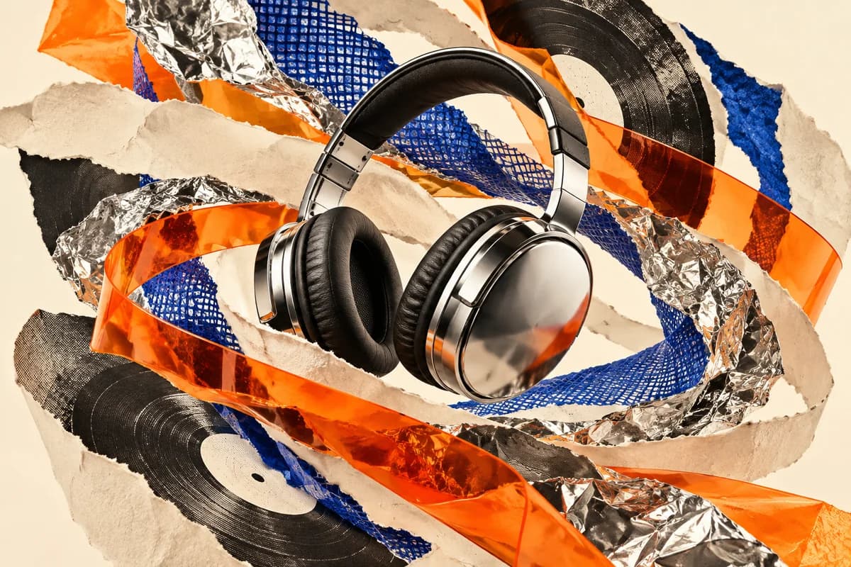 Chrome headphones in an energetic collage of torn paper, orange acetate and cobalt mesh