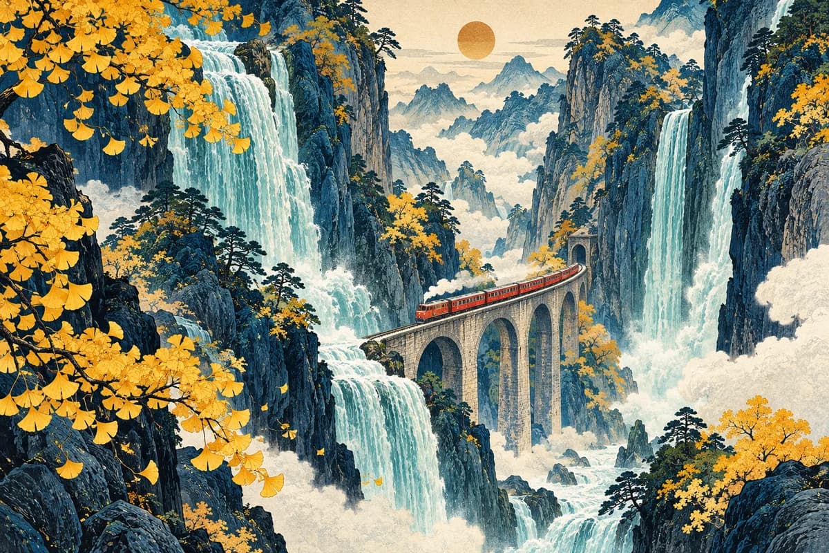 Woodblock-style red train climbing between tall turquoise waterfalls and indigo cliffs