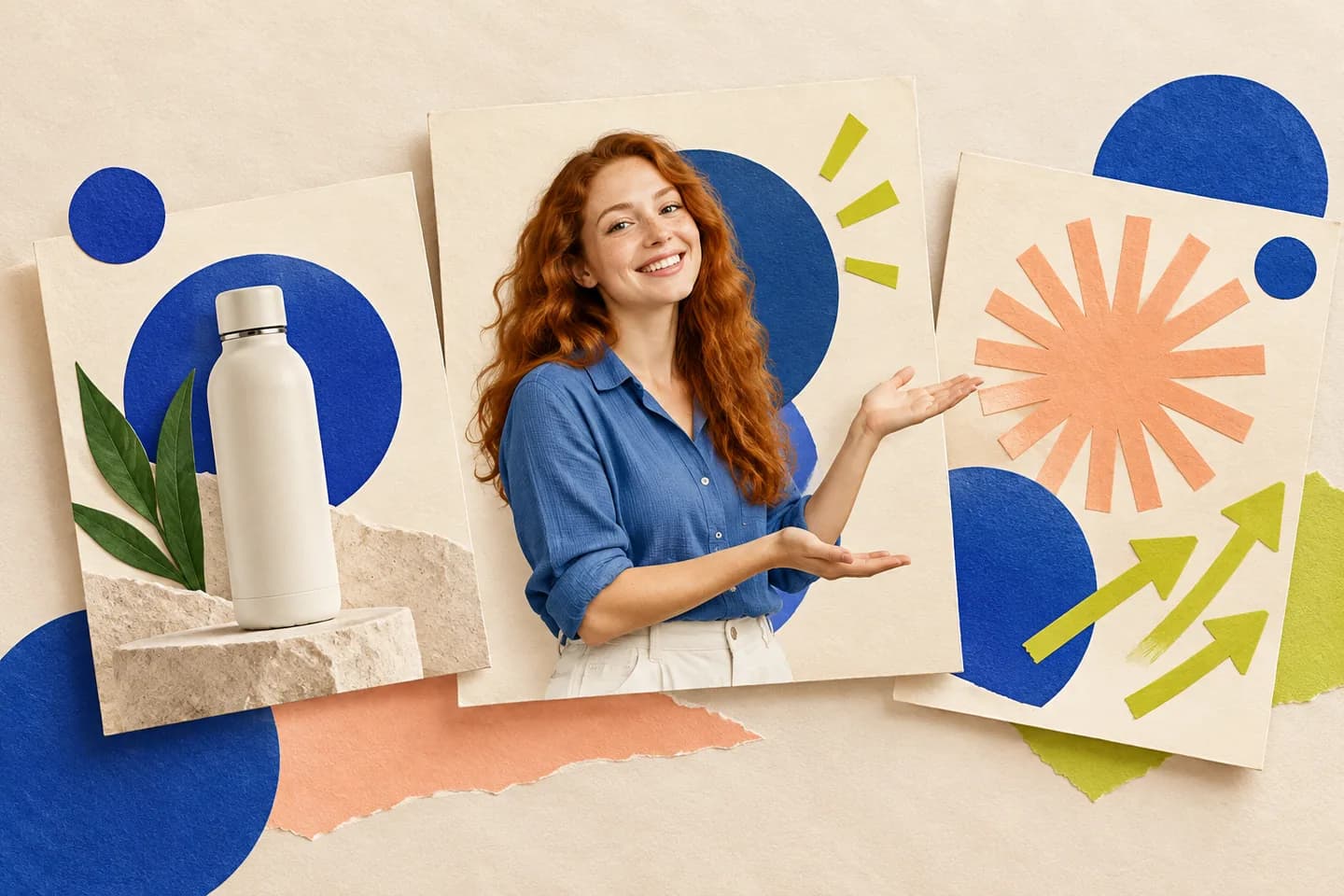 Editorial paper collage of a creator, product bottle, and three creative directions