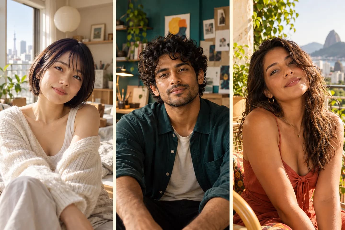 Three distinct creators in Japanese, South Asian, and Brazilian lifestyle settings
