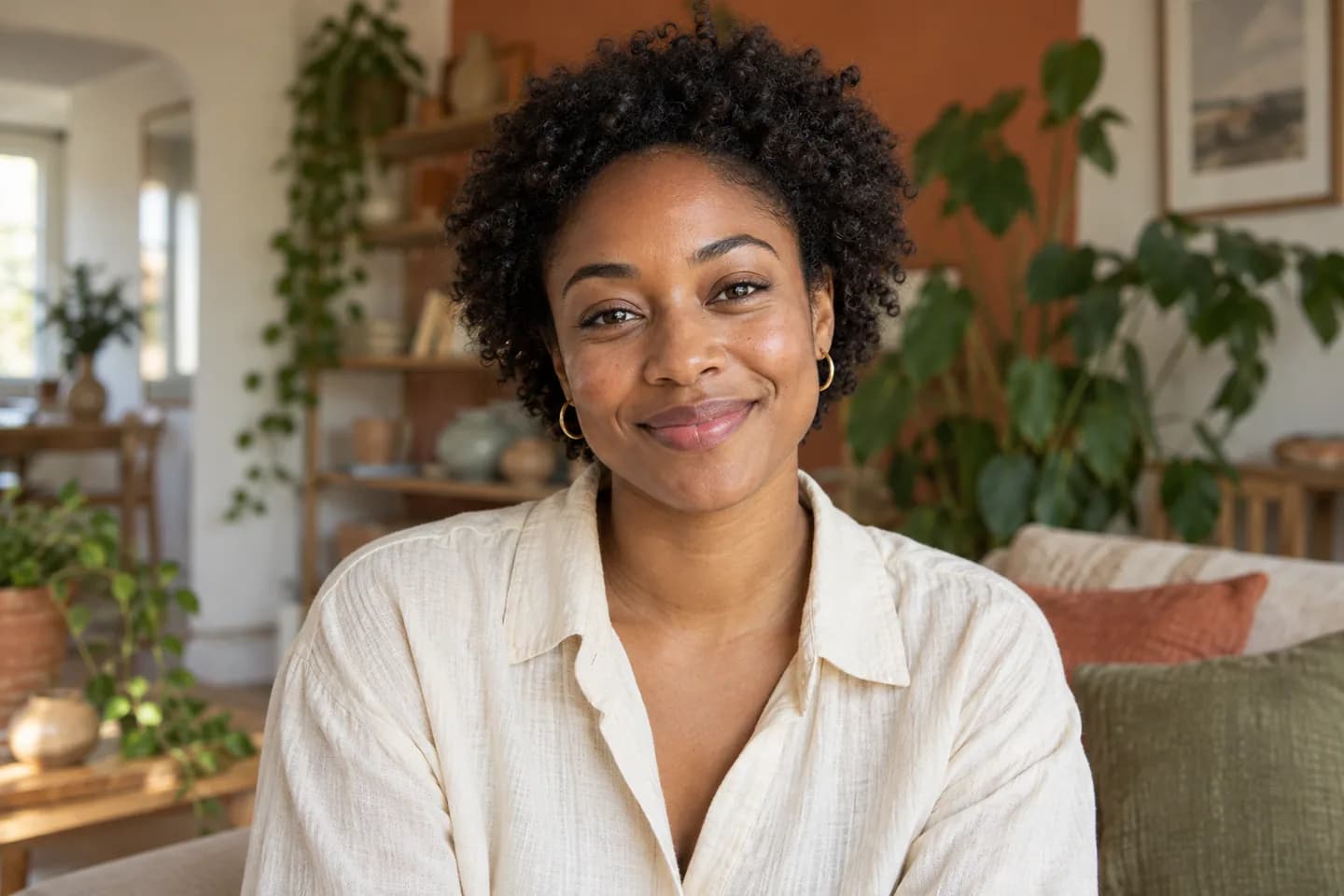Natural-light creator portrait with terracotta and sage apartment details