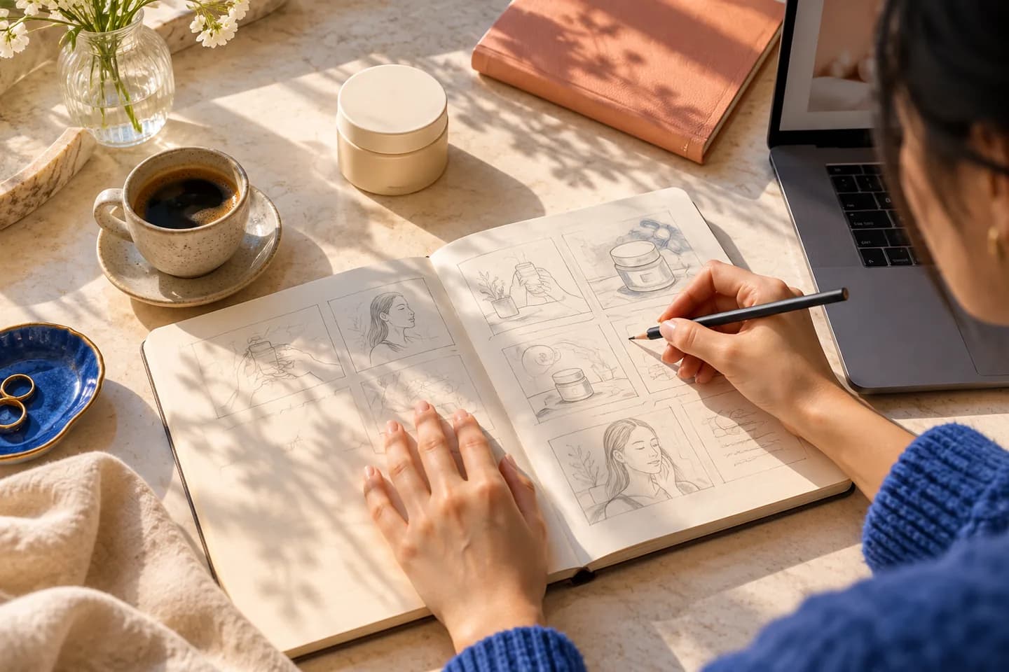 Sunlit creator desk with notebook, cosmetic jar, and script planning materials