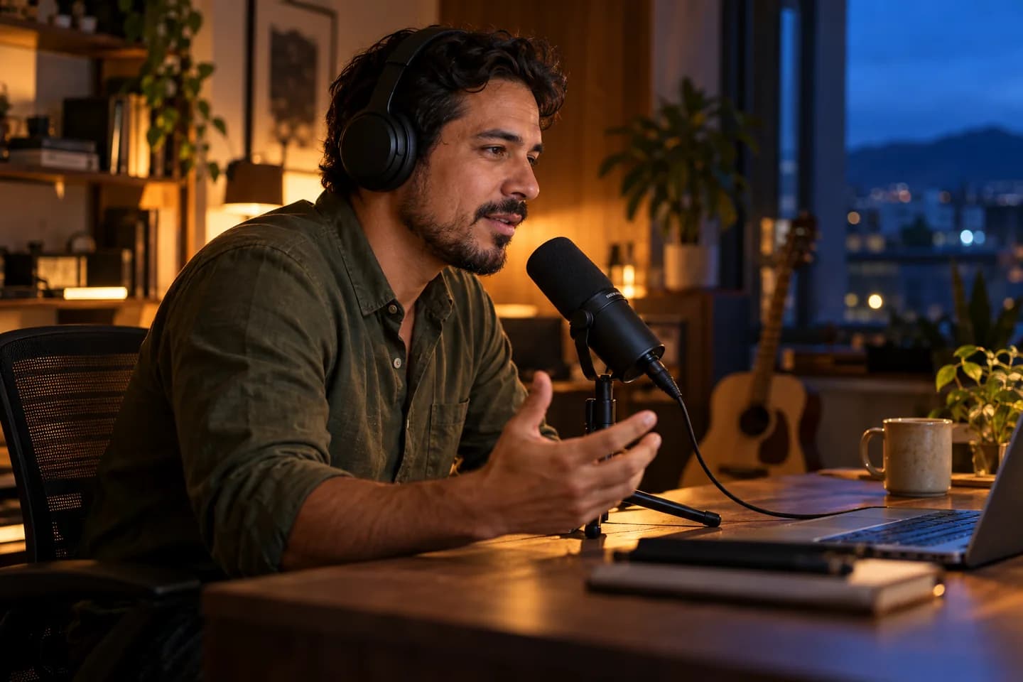 Creator recording a voiceover in an amber and blue home studio