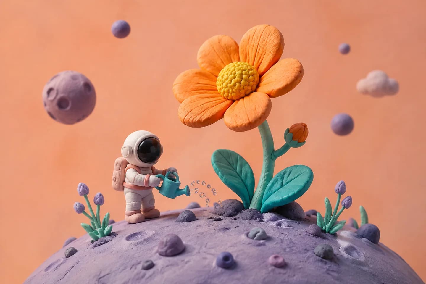 Clay astronaut watering an orange flower