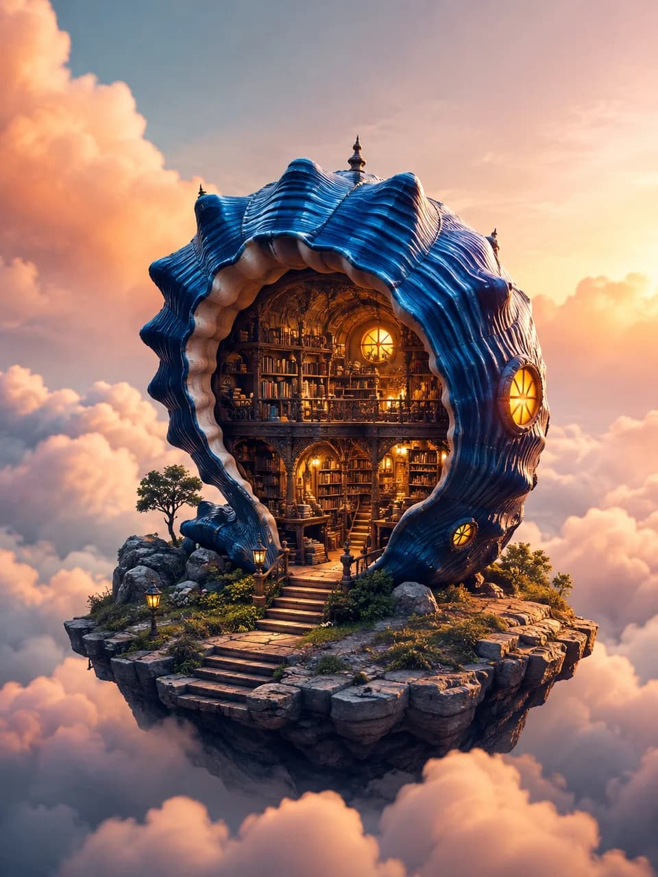 Miniature bookstore inside a blue seashell floating in peach clouds
