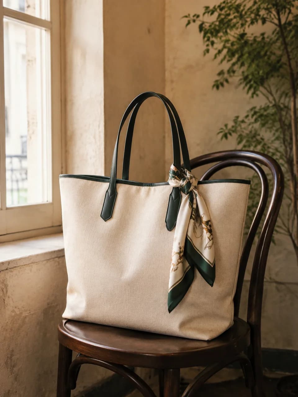 Cream canvas tote with green handles on a wooden cafe chair