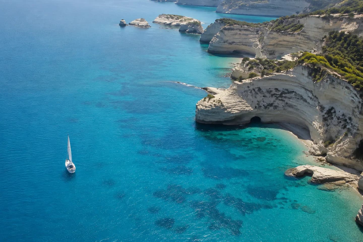 White sailboat beside turquoise water and limestone cliffs