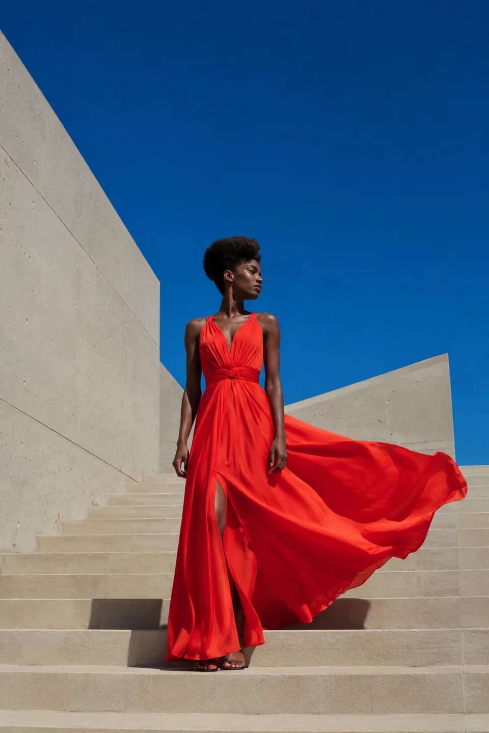Model in a red dress on pale architectural stairs