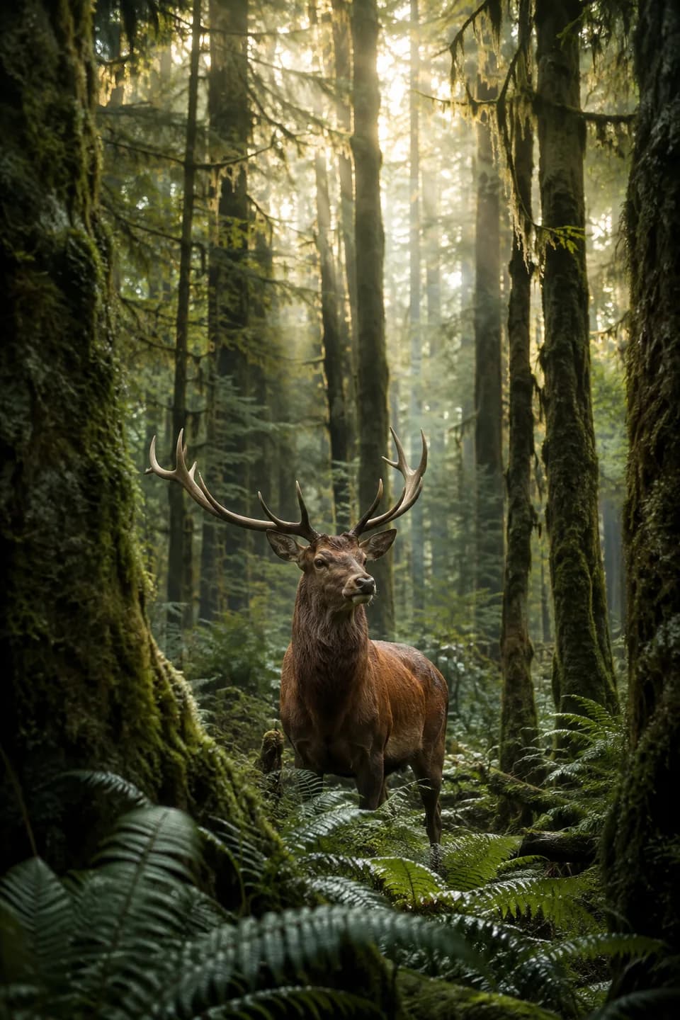 Deer in a sunlit mossy forest