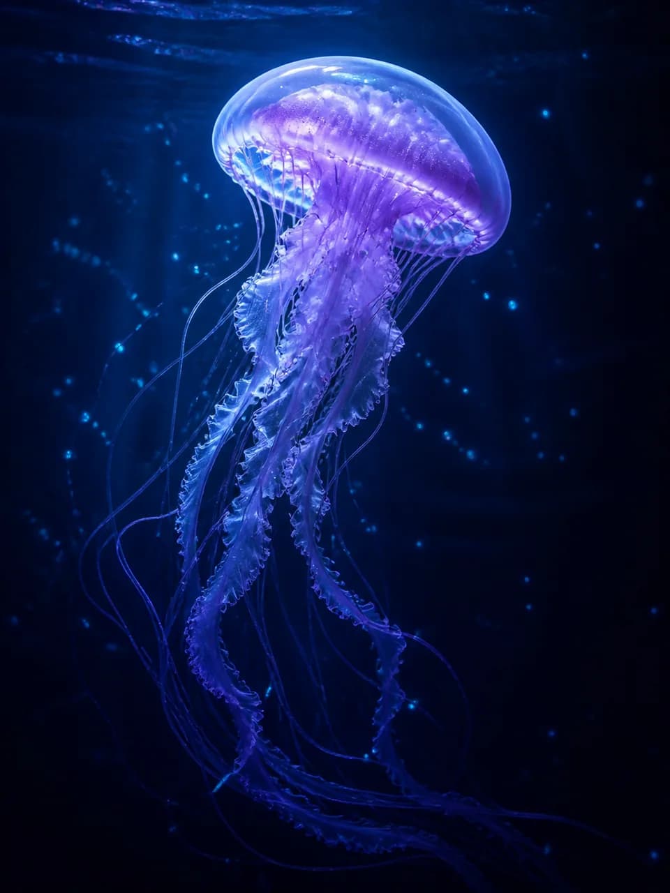 Luminous violet jellyfish drifting through deep blue water