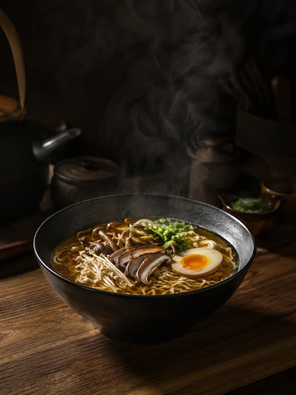Steam rising from ramen in a dark ceramic bowl