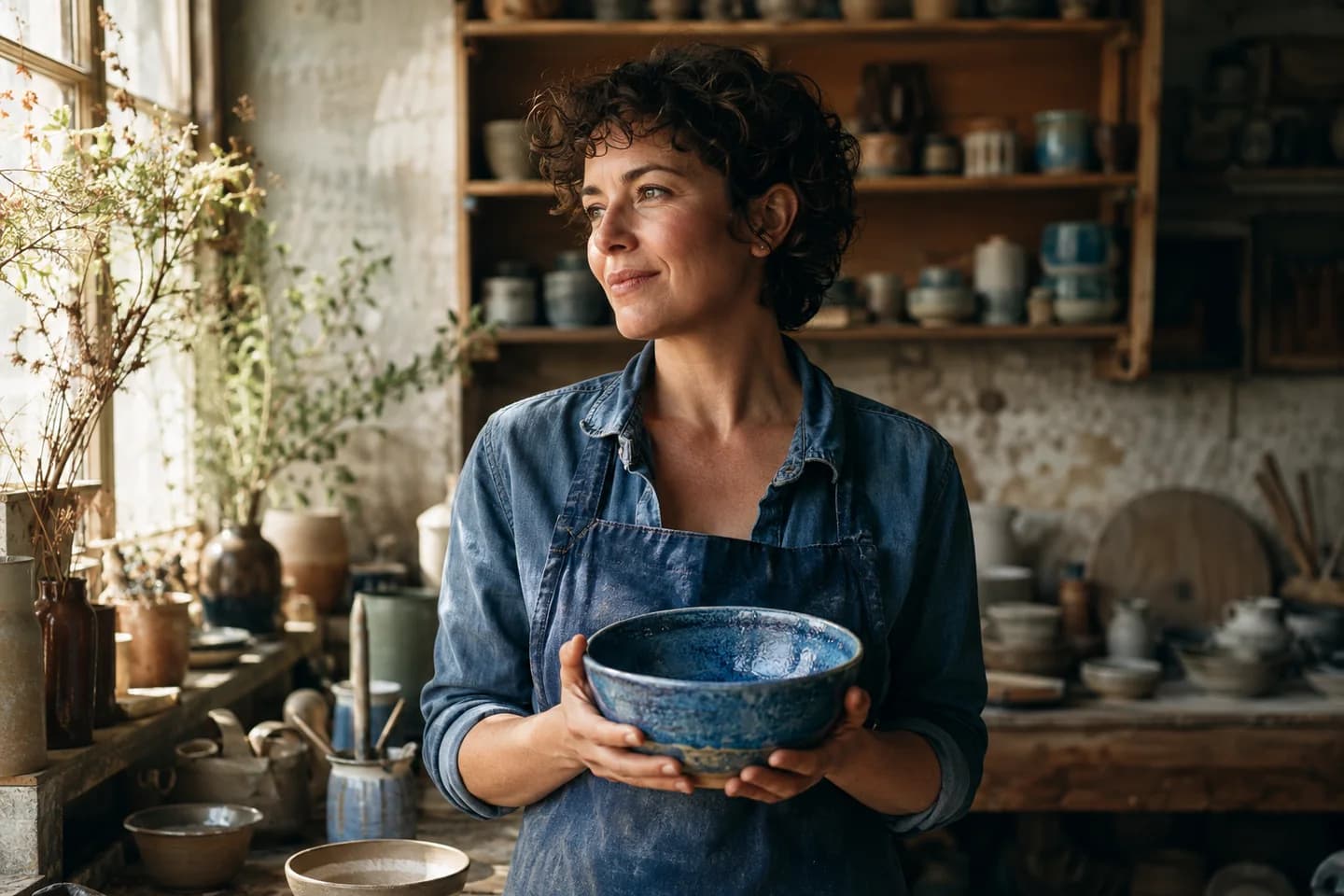 Ceramic artist holding a handmade blue bowl