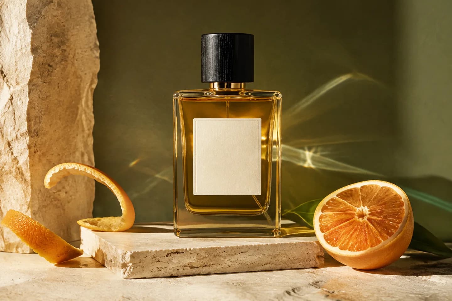 Amber perfume bottle with citrus in warm sunlight