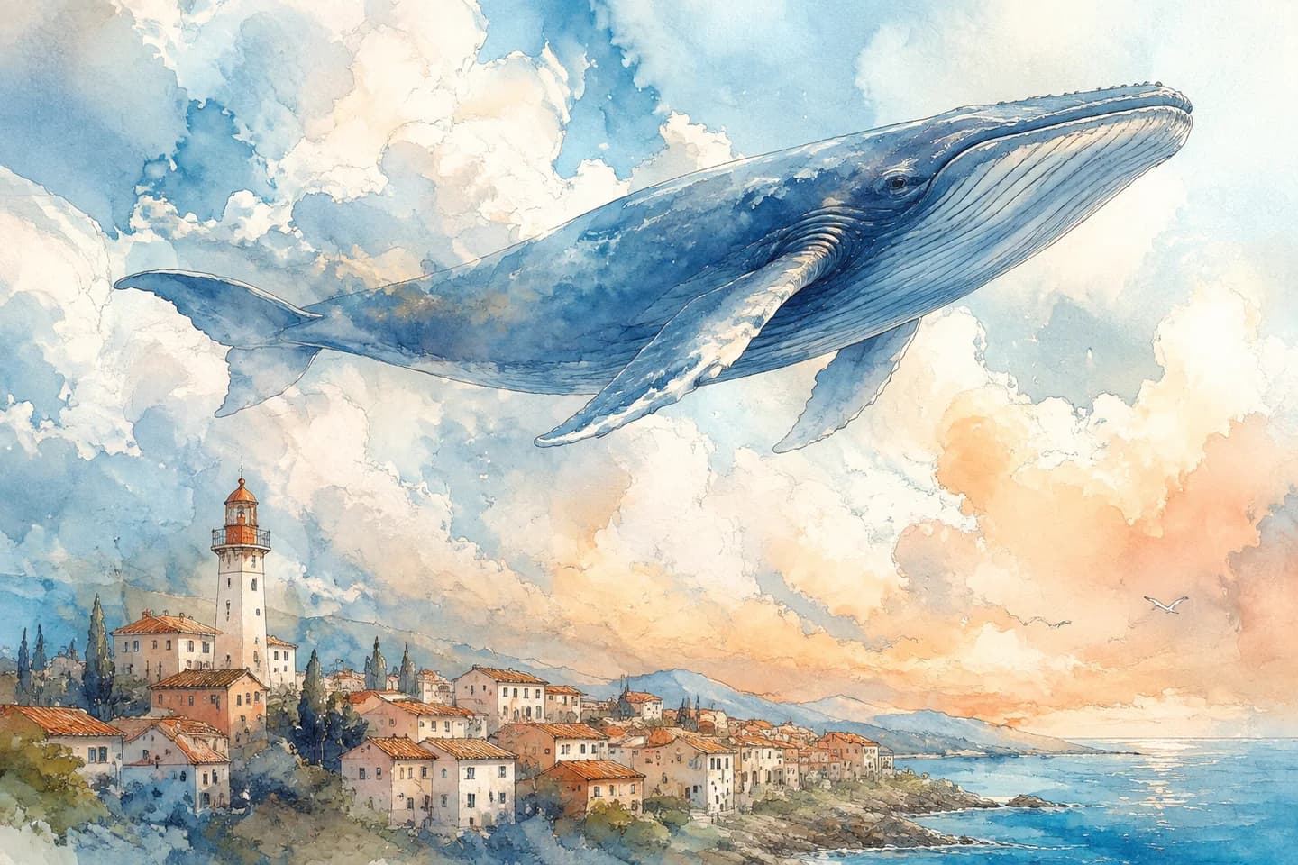 Watercolor whale floating above a coastal town