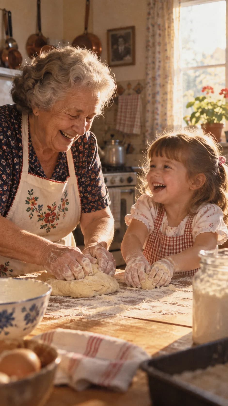 Illustration d’une grand-mère cuisinant avec sa petite-fille